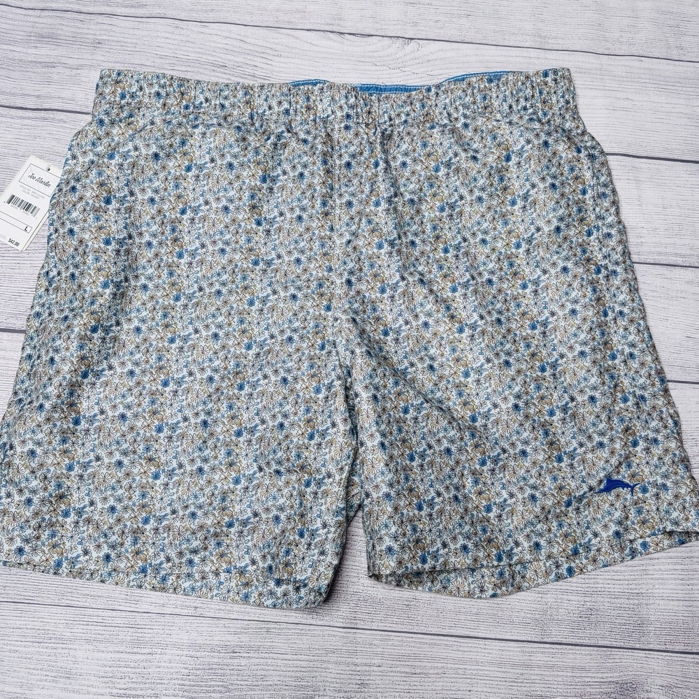 Joe Marlin Sky Gray Blue Brown Floral Lined Swim Trunk Men's Size Large NWT